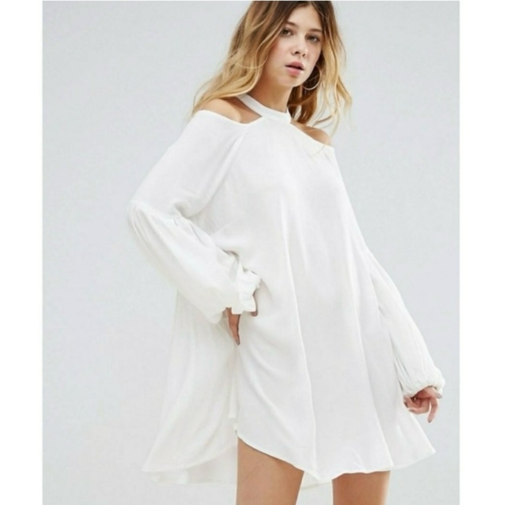 FREE PEOPLE DRIFT AWAY COLD SHOULDER LONG SLEEVE TUNIC WHITE XS Boho Chic Flowy